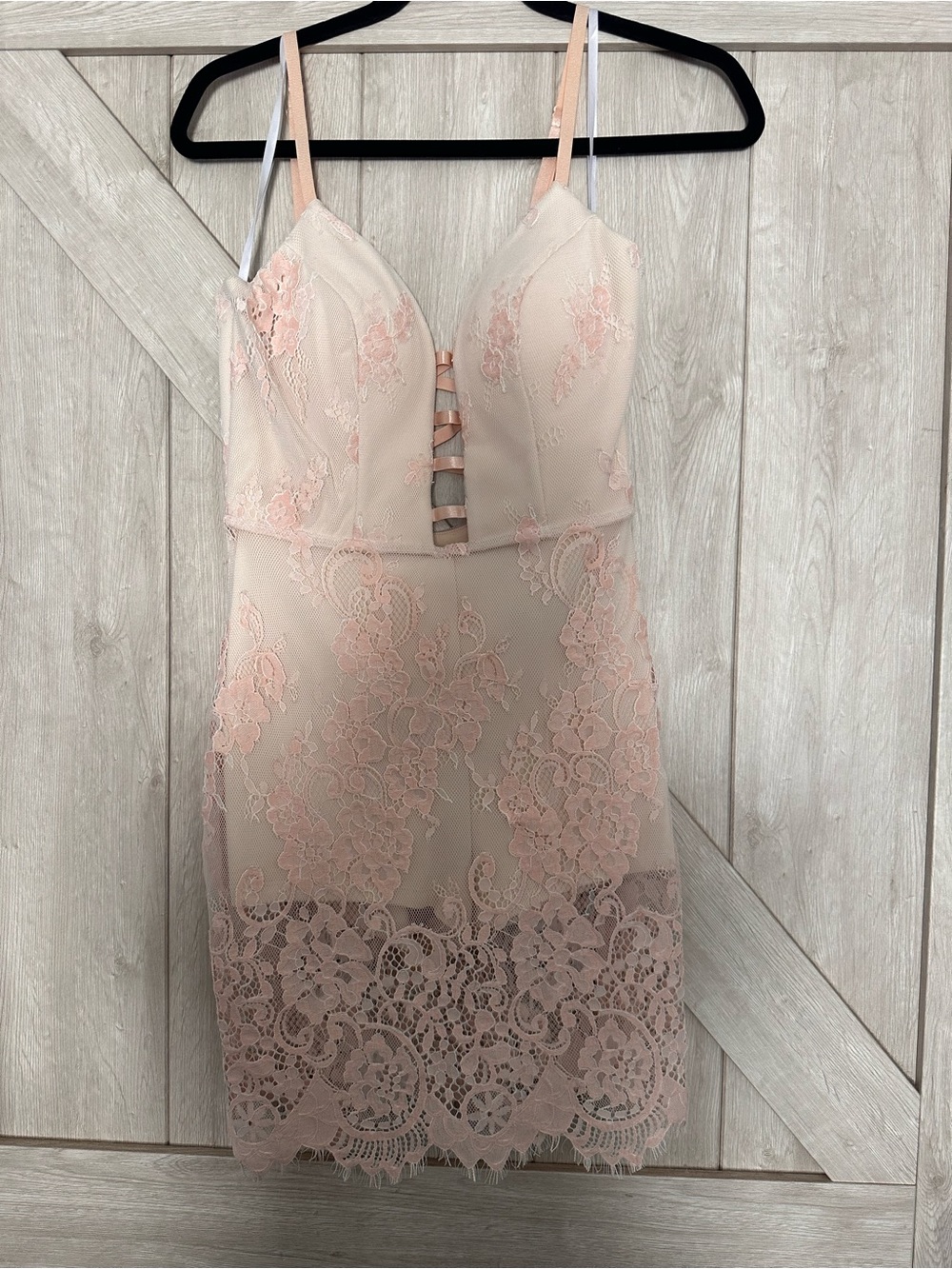 bebe Soft Blush Lace Mini Dress with Ladder Front